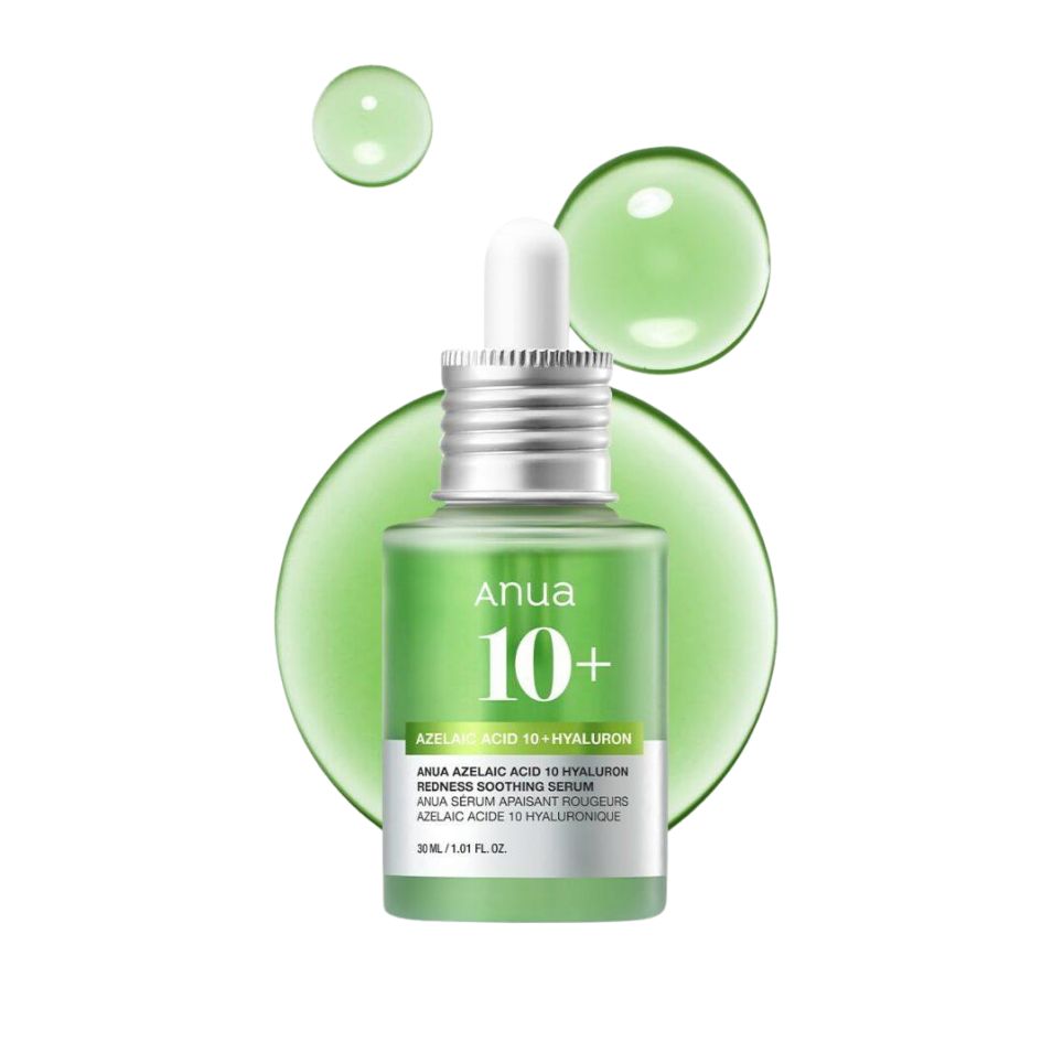 Anua 10+ Azulic Acid 10 Hyaluiron Enrich Soothing Serum in a light green dropper bottle, presented with decorative green liquid droplets on a white background.Cyprus,Nicosia.