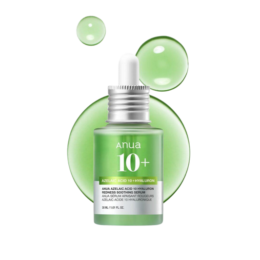 Anua 10+ Azulic Acid 10 Hyaluiron Enrich Soothing Serum in a light green dropper bottle, presented with decorative green liquid droplets on a white background.Cyprus,Nicosia.