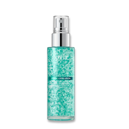 Aqua+ Hyaluiron Hyaluronic Acid Serum by Anda, in a clear cylindrical bottle filled with sparkling turquoise gel, featuring a silver pump dispenser, set against a plain white background. nicosia, cyprus