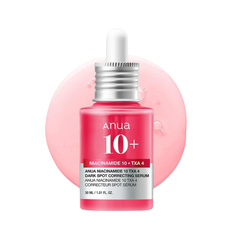 Anua 10+ Dark Spot Correcting Serum in a pink dropper bottle with a silver cap, set against a pink circular gel background on a white studio backdrop. Nicosia, Cyprus