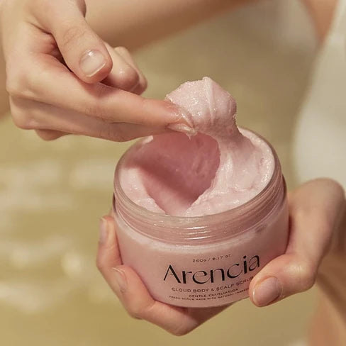 Arencia Fresh Cloud Body & Scalp Scrub Lavender & Pear 260g – 2-in-1 Korean sea salt scrub for gentle body and scalp exfoliation with a whipped cloud texture.