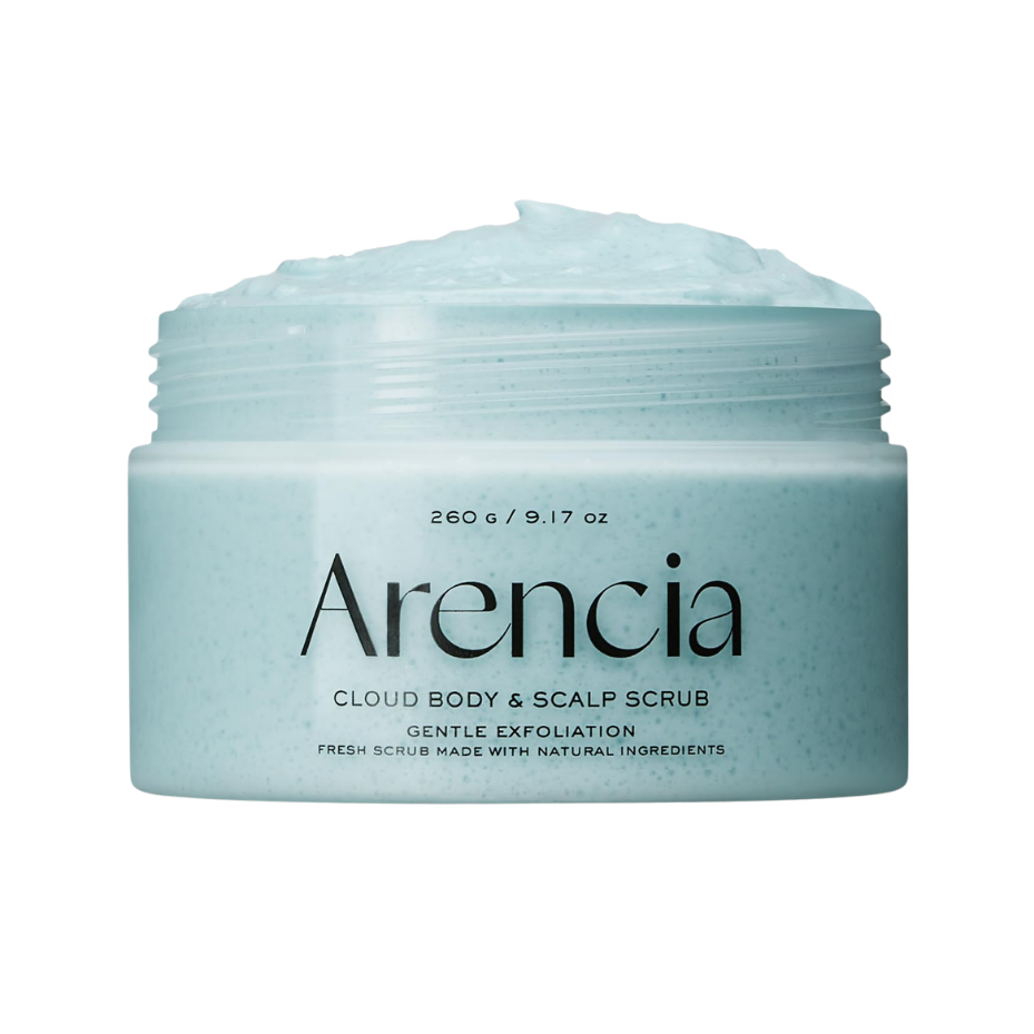 A jar of Arencia Cloud Body & Scalp Scrub, featuring a light blue-green textured scrub visible at the open top and a matching light blue-green jar on a solid white background.