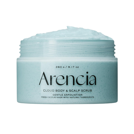 A jar of Arencia Cloud Body & Scalp Scrub, featuring a light blue-green textured scrub visible at the open top and a matching light blue-green jar on a solid white background.