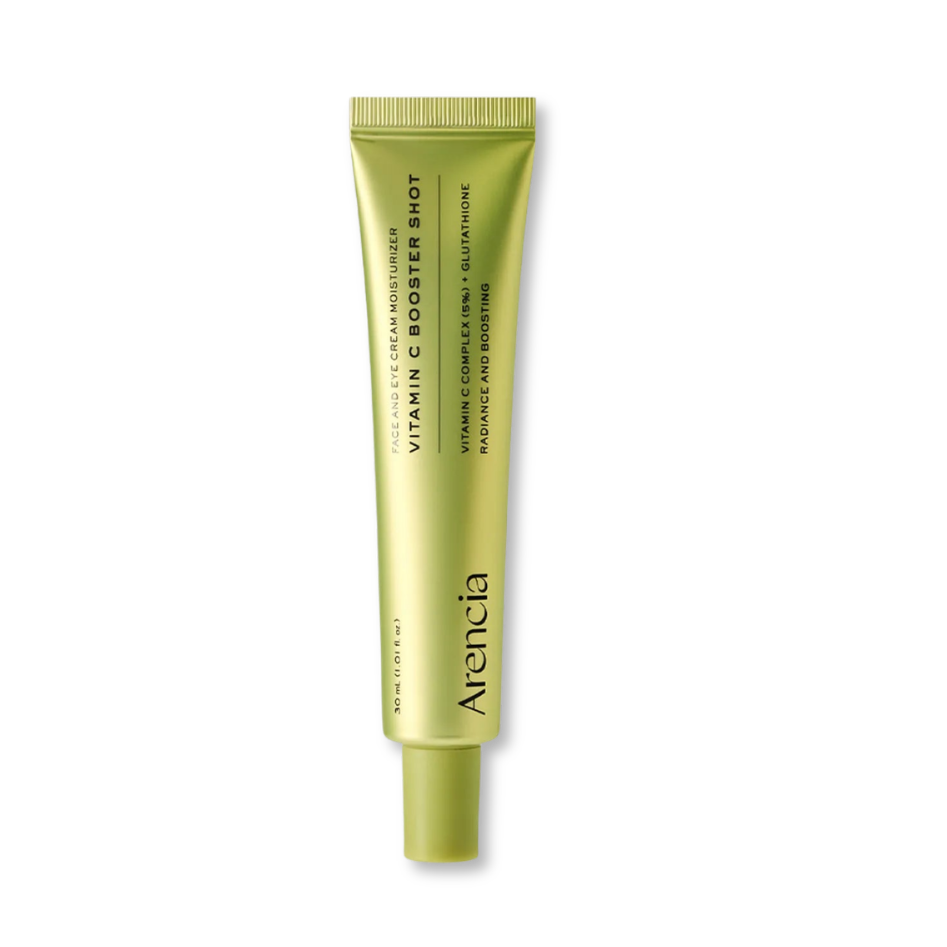 A single tube of Arencia Vitamin C Booster Shot serum, in a light olive green packaging with black text, centered on a plain white background. nicosia, cyprus