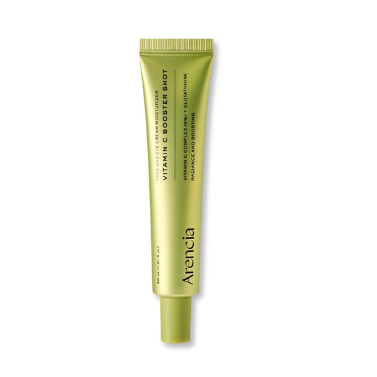 A single tube of Arencia Vitamin C Booster Shot serum, in a light olive green packaging with black text, centered on a plain white background. nicosia, cyprus