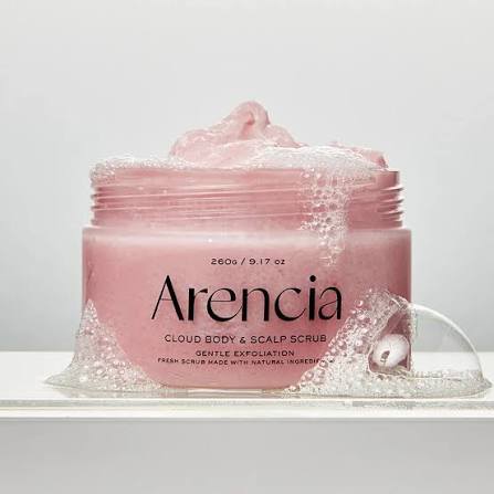 Arencia Fresh Cloud Body & Scalp Scrub Lavender & Pear 260g – 2-in-1 Korean sea salt scrub for gentle body and scalp exfoliation with a whipped cloud texture.