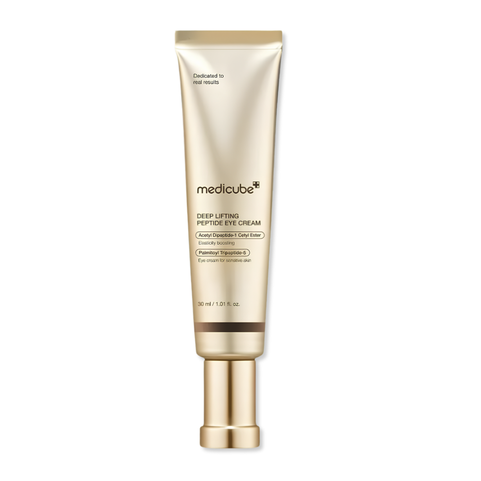 A gold squeeze tube of medicube Deep Lifting Peptide Eye Cream with a matching gold cap, centered on a plain white background.
