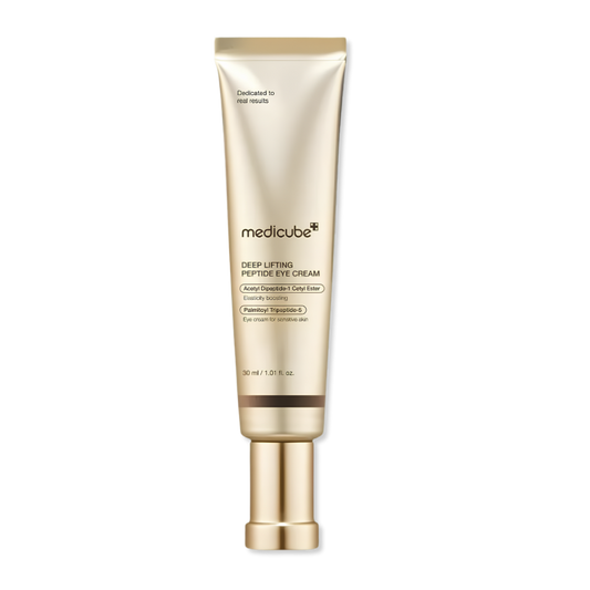 A gold squeeze tube of medicube Deep Lifting Peptide Eye Cream with a matching gold cap, centered on a plain white background.